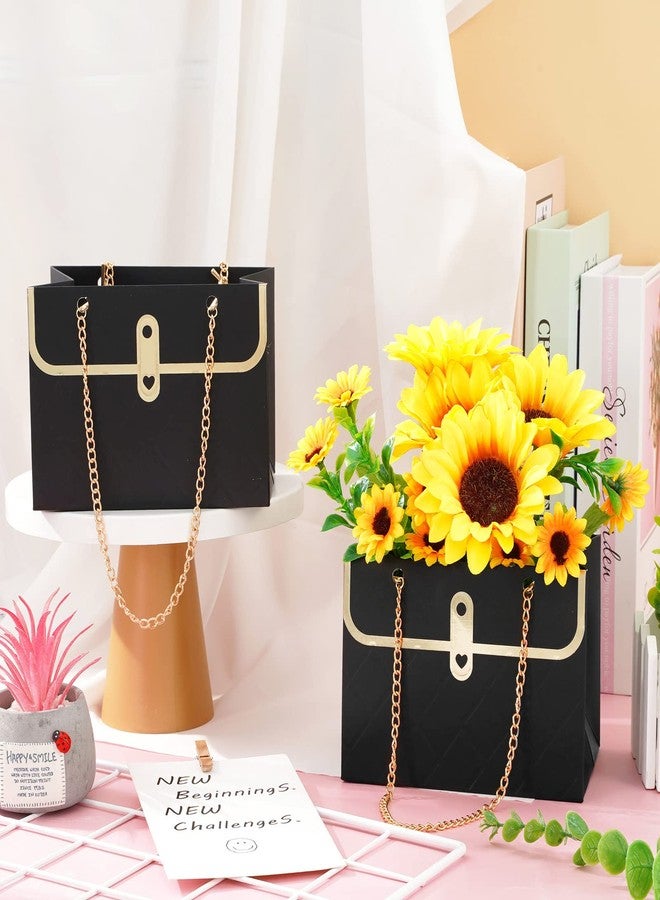 Whaline 6 Pcs Paper Flower Bags with Metal Chain Bouquet Storage Bucket Florist Bag Handbag Flower Bouquet Wrapping Basket Handbag Gift Box for Mother's Day Wedding Party Birthday Gift Bags, Black - Image 3
