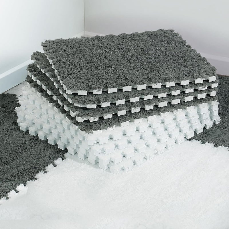 CLICKSY Plush Puzzle Foam Floor Mat for Kids- Thick Interlocking Fluffy Tiles with Border Square Rug Split Joint Soft Climbing Carpet Mats Shaggy Area Rug for Room Floor(11.8 Inch, White&Grey) (30) - Image 2