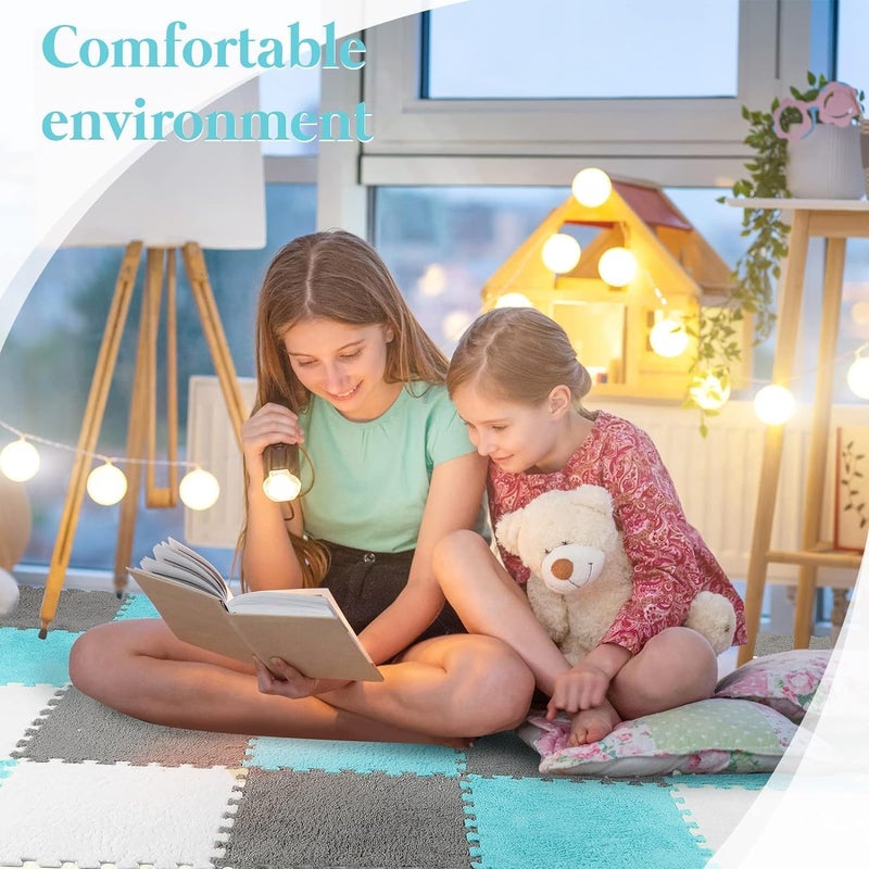 CLICKSY Plush Puzzle Foam Floor Mat for Kids- Thick Interlocking Fluffy Tiles with Border Square Rug Split Joint Soft Climbing Carpet Mats Shaggy Area Rug for Room Floor(11.8 Inch, White&Grey) (30) - Image 5