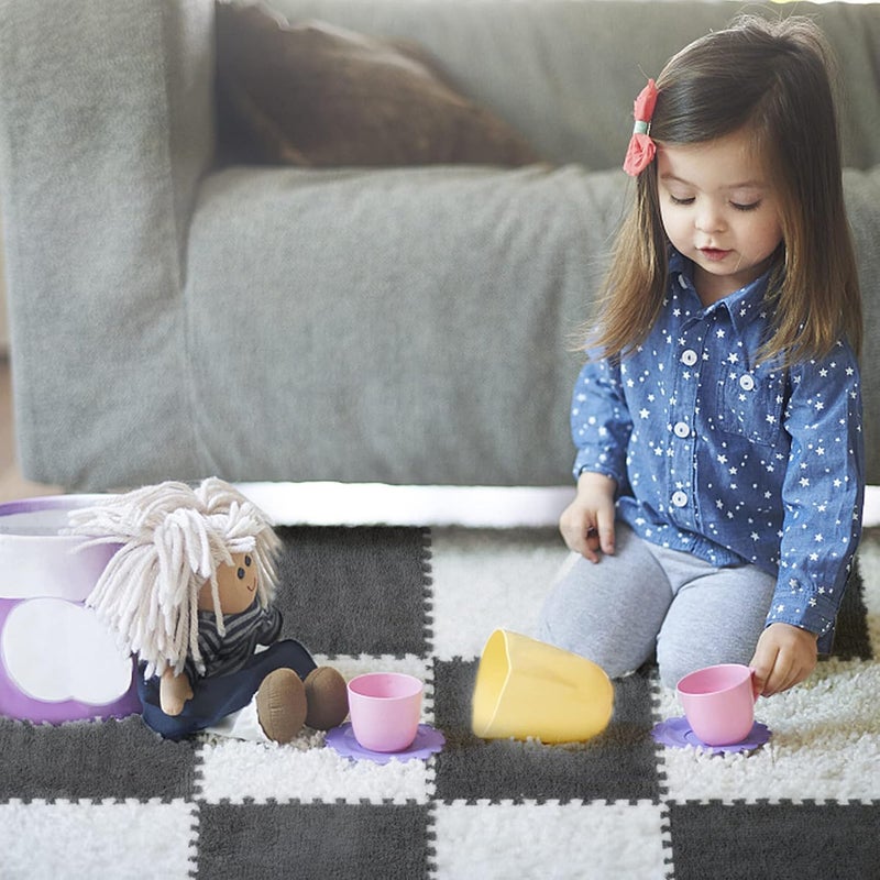 CLICKSY Plush Puzzle Foam Floor Mat for Kids- Thick Interlocking Fluffy Tiles with Border Square Rug Split Joint Soft Climbing Carpet Mats Shaggy Area Rug for Room Floor(11.8 Inch, White&Grey) (30) - Image 4