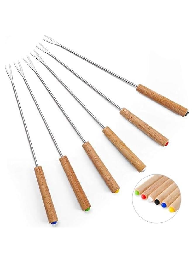 HOOKOR 6 Pack 9.5 Inch Stainless Steel Fondue Forks, 12 Wood Handles, Heat Resistant Smores Sticks for Roast Meat Chocolate Dessert Cheese Marshmallows (6 Colors) - Image 1