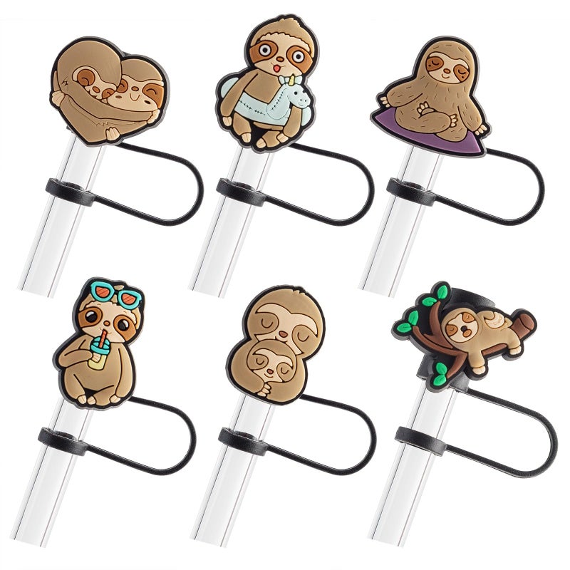 6Pcs Sloth Silicone Straw Cover Cap for Stanley Cup 78mm Reusable Cute Pink Drinking Straw Topper Accessories Portable Protector Plugs Decorations Gifts for Kids Party Favors