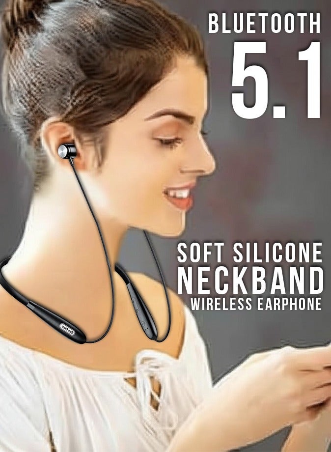 GO-DES Wireless Bluetooth Neckband Earbuds V5.1 | Upto 9 Hours Playtime & 60 Hours Standby Time| Magnetic In Ear Design Earbuds |Type-C Fast Charging | 150mAh Battery | Skin-Friendly Silicone Tips By Go-Des (Black) - Image 4