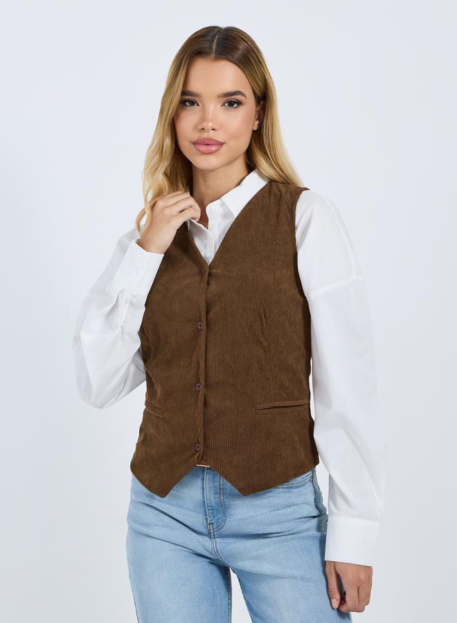Styli Women Brown Corduroy Sleeveless Regular Fit Waistcoat - Image 3