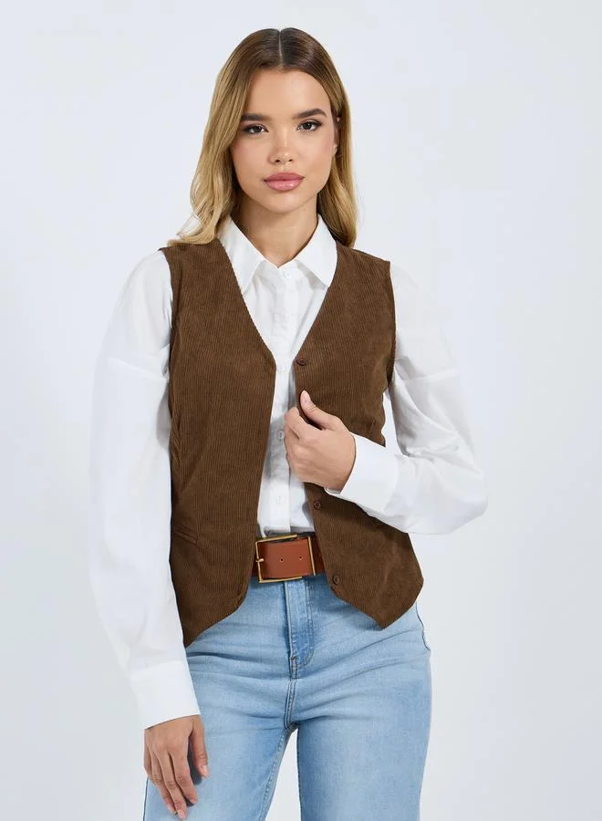 Styli Styli Women Brown Corduroy Sleeveless Regular Fit Waistcoat