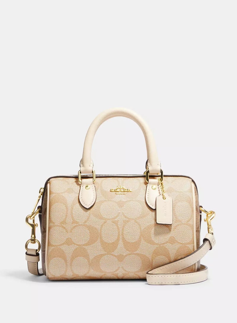 coachoutlet Coach Mini Rowan Satchel Bag In Signature Canvas, Women's Tote Bag, Women's Shoulder Bag, Women's Hand Bag, Women's Travel Bag, Khaki-Gold 19cm - Image 1