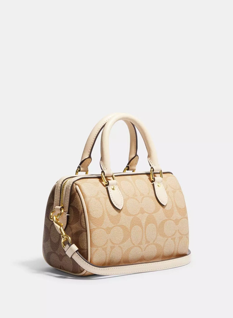 coachoutlet Coach Mini Rowan Satchel Bag In Signature Canvas, Women's Tote Bag, Women's Shoulder Bag, Women's Hand Bag, Women's Travel Bag, Khaki-Gold 19cm - Image 2