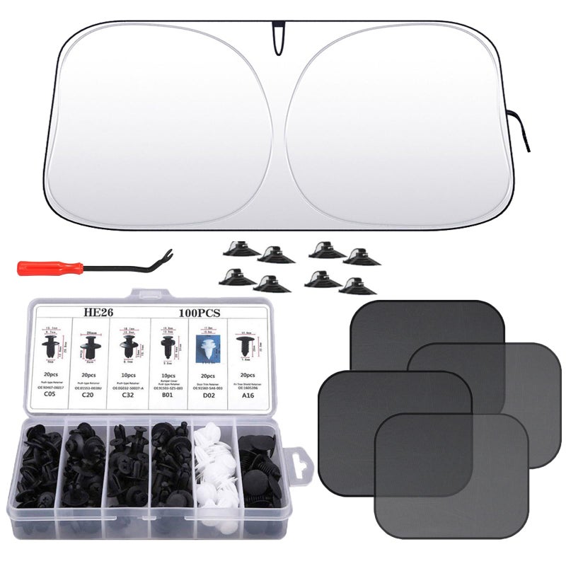 Moninsta Moninsta 5 Pcs Foldable Car Windshield Sunshade  100 Pcs Plastic Car Clips with Removal Tool Automotive Sun Heat Protection and Bumper Clips Auto Accessories for All Small Car