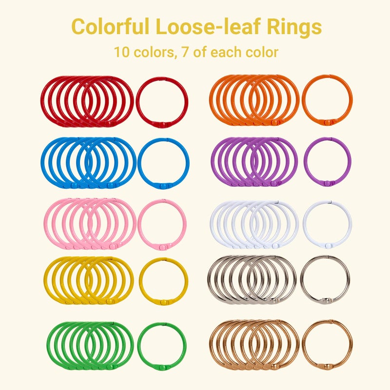 zywooH 70Pcs Binder Rings, 1 1/5 Inch Metallic Loose Leaf Binder Ring, Binding Rings for Index Cards, Colorful Book Keychain Key Rings for Paper Notebook Office School Home, 10 Colors - Image 3