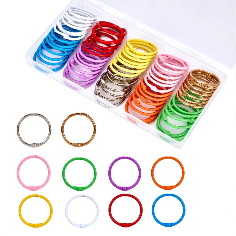 zywooH 70Pcs Binder Rings, 1 1/5 Inch Metallic Loose Leaf Binder Ring, Binding Rings for Index Cards, Colorful Book Keychain Key Rings for Paper Notebook Office School Home, 10 Colors - Image 1