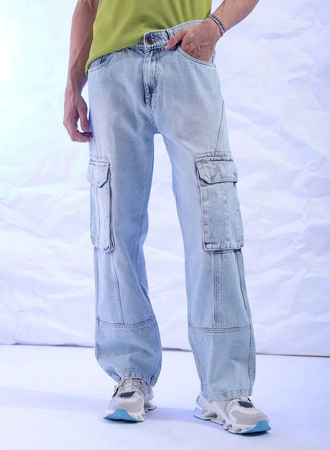 Men Relaxed Fit Distressed Mid-Rise Cargo Denim