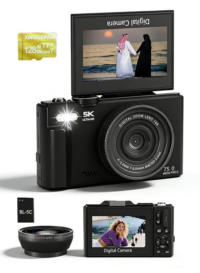 Digisand 5K Digital Camera, 75MP Camera Digital for Photography, Point and Shoot Camara with 128GB SD Card, 18X Digital Cameras with 3" 180° Flip Screen, Vlogging Camera for Beginner Gift - Image 1