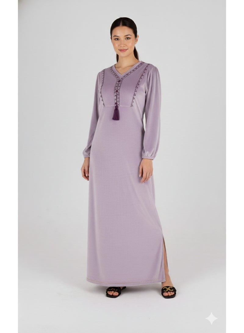 zecotex  Women's Elegant Soft Jalabiya with Classic Embroidery & Tassel Detail - Light Lavender - Image 3