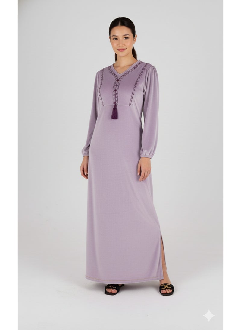 zecotex  Women's Elegant Soft Jalabiya with Classic Embroidery & Tassel Detail - Light Lavender - Image 1