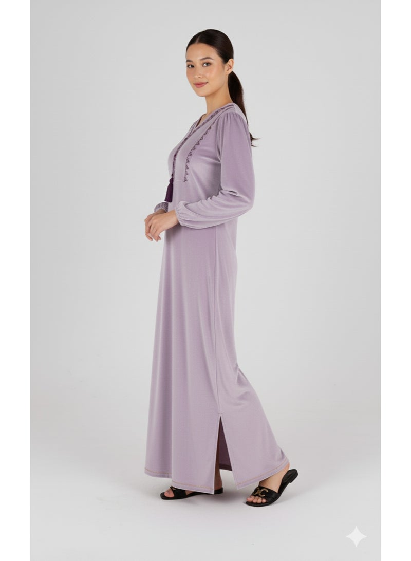 zecotex  Women's Elegant Soft Jalabiya with Classic Embroidery & Tassel Detail - Light Lavender - Image 2