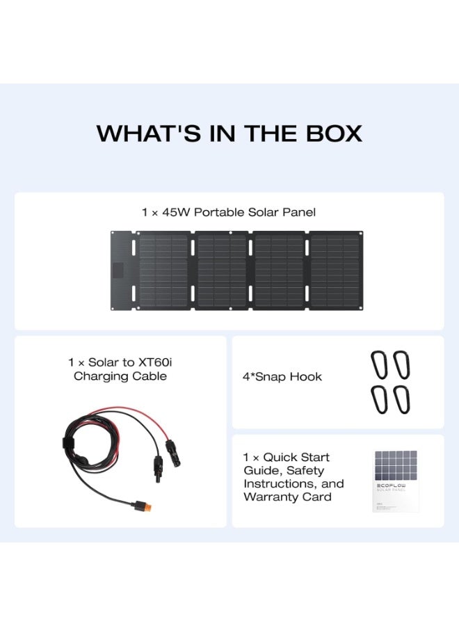 إيكو فلو لوح طاقة شمسية محمول وقابل للطي من EF ECOFLOW بقدرة 45 واط، مزود بخلايا شمسية عالية الكفاءة من النوع N بنسبة 25%، مقاوم للماء والغبار بمعيار IP65، مصمم للتخييم وحقائب الظهر وسيارات الدفع الرباعي والشاحنات الصغيرة. - Image 3