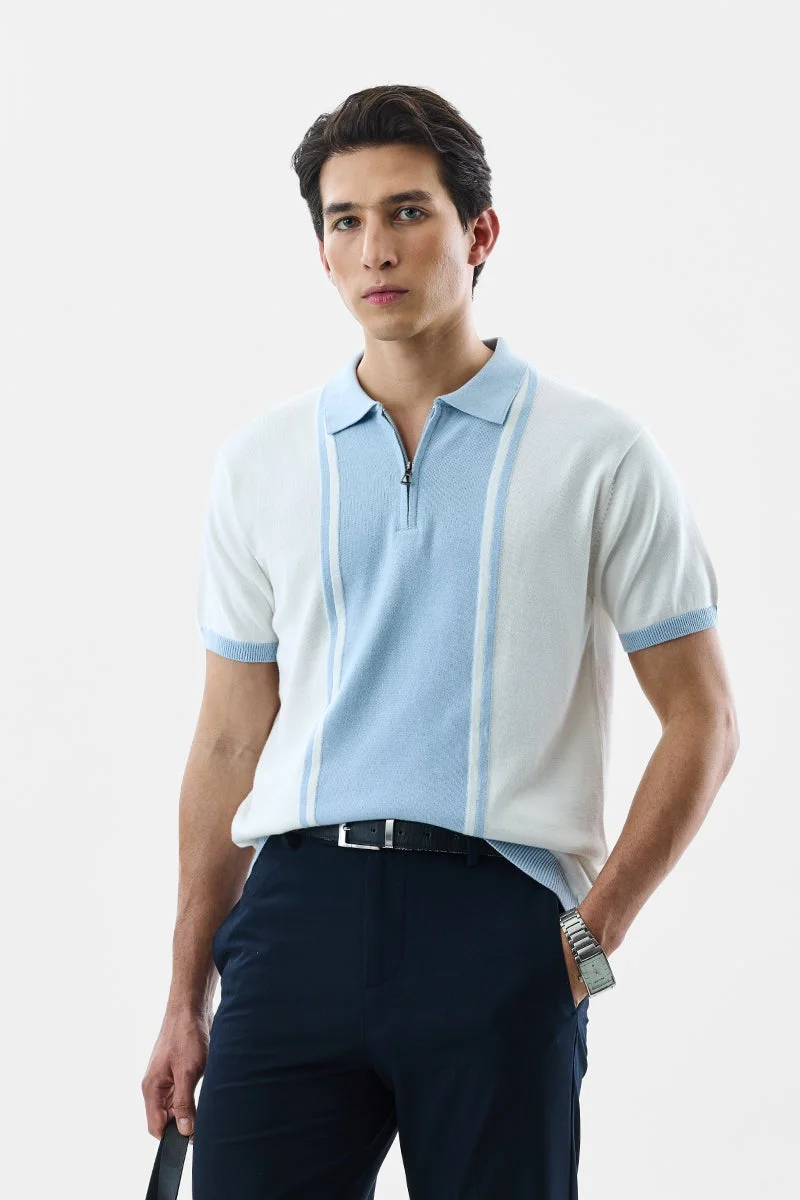 SNITCH Light Blue Striped Half Sleeve Regular Fit T-Shirt