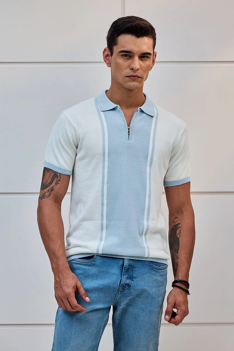 SNITCH Light Blue Striped Half Sleeve Regular Fit T-Shirt