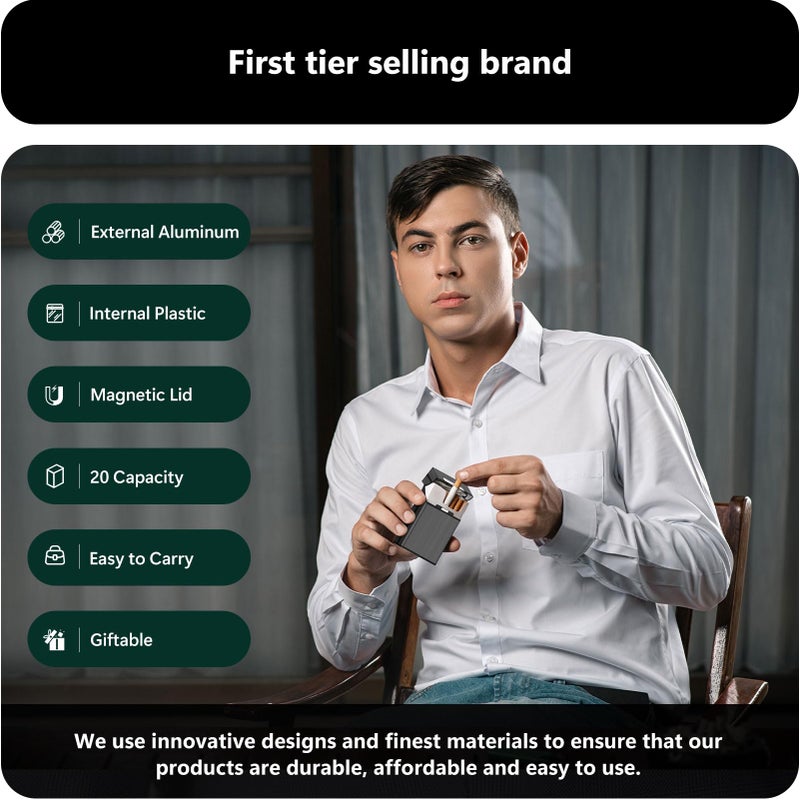 roygra حافظة سجائر رويغرا، ألمنيوم مصقول بسعة 20 - عبوة من 2 (رمادي + فضي، 85 مم حجم ملكي) - Image 5