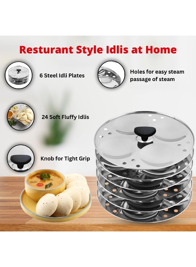 Vinod Stainless Steel 6 Idli Plates - 24 Idlis/Heavy Premium Deep Idli Plates/Idli Stand for 8 Litre Pressure Cooker/Plump Fluffy Idli maker Plates - Large, Silver - Image 4
