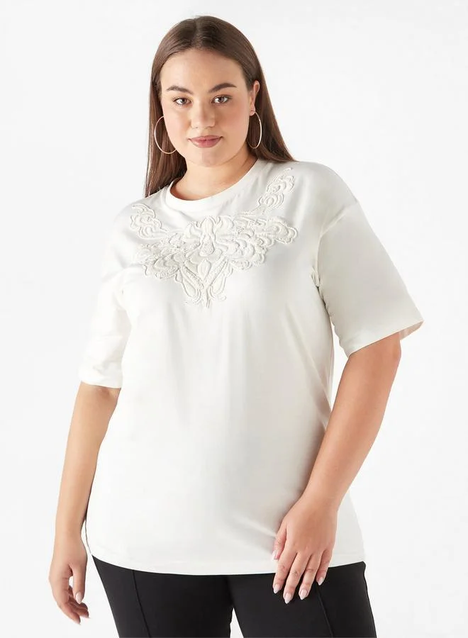 Ulla Popken Plus Size Ulla Popken Embroidered Top with Short Sleeves and Round Neck