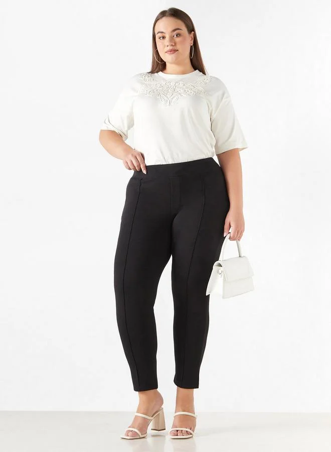 Ulla Popken Plus Size Ulla Popken Embroidered Top with Short Sleeves and Round Neck