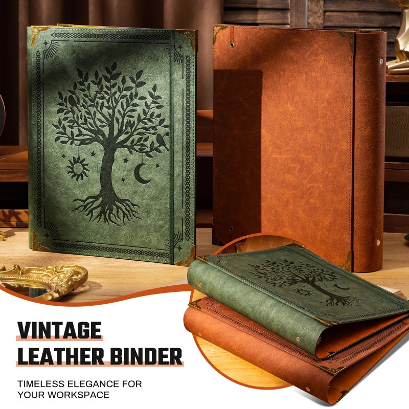 Ovesmusl PU Leather 3 Ring Binder Fits 8.5"x11" Letter Size Paper, 2 Inch Round Ring Binder Holds 500 Sheets, Notepad Paper Cover Loose Leaf Organizer, Brown Tree - Image 4