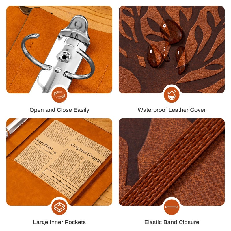 Ovesmusl PU Leather 3 Ring Binder Fits 8.5"x11" Letter Size Paper, 2 Inch Round Ring Binder Holds 500 Sheets, Notepad Paper Cover Loose Leaf Organizer, Brown Tree - Image 5