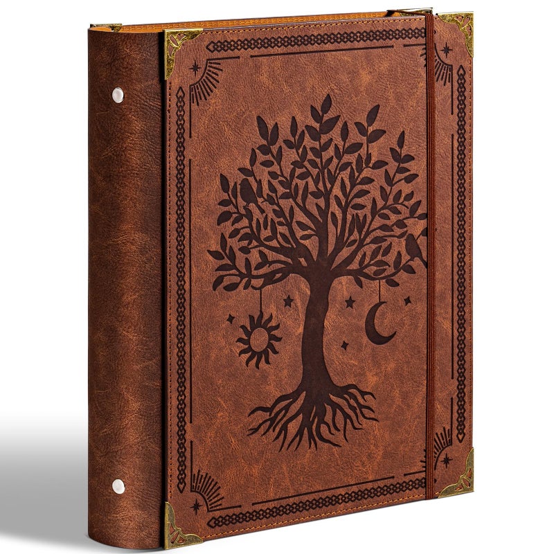 Ovesmusl PU Leather 3 Ring Binder Fits 8.5"x11" Letter Size Paper, 2 Inch Round Ring Binder Holds 500 Sheets, Notepad Paper Cover Loose Leaf Organizer, Brown Tree - Image 1