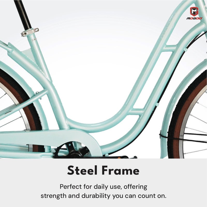 MOGOO Florida Vintage 26-Inch City Bike For Women & Girls | 26 Inch Wheel Sizes | Simple Single-Speed Drivetrain | Durable Steel Step-Through Frame with Front Wicker Basket | Rear Carrier & Dynamo Headlight - Mint Green - Image 3