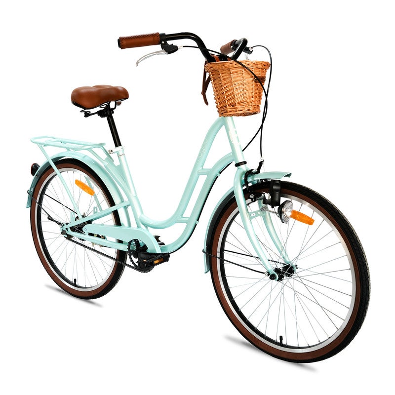 MOGOO Florida Vintage 26-Inch City Bike For Women & Girls | 26 Inch Wheel Sizes | Simple Single-Speed Drivetrain | Durable Steel Step-Through Frame with Front Wicker Basket | Rear Carrier & Dynamo Headlight - Mint Green - Image 2