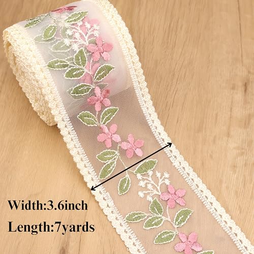 AIETSYEI Pink Lace Trim Ribbon 7 Yards Embroidery Floral Sewing Lace Trim Mesh Tulle Ribbon for Bridal Wedding Decorations - Image 2