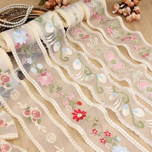 AIETSYEI Pink Lace Trim Ribbon 7 Yards Embroidery Floral Sewing Lace Trim Mesh Tulle Ribbon for Bridal Wedding Decorations - Image 4