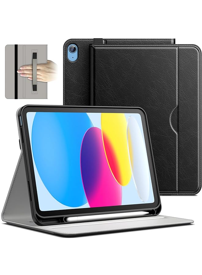 جي تيك حافظة لجهاز Ipad 10 10.9 بوصة 2022 موديل الجيل العاشر من جلد البولي يوريثان، غطاء حماية للكمبيوتر اللوحي مع حامل قلم رصاص وجيب متعدد الزوايا للعرض باللون الأسود - Image 1