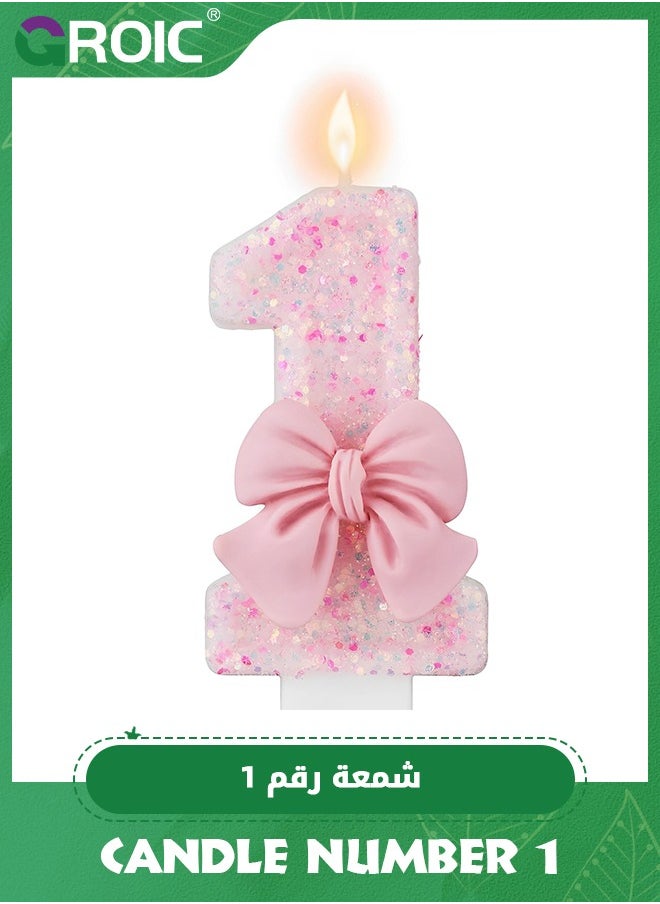 GROIC - Number Birthday Candle, 3D Bow Designed Glitter Pink Number Candles for Kids ​Birthday Party Pink Theme Decorations, Candle Number for Wedding Anniversary Party Supplies (Number 1) - Image 1