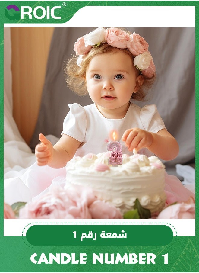 GROIC - Number Birthday Candle, 3D Bow Designed Glitter Pink Number Candles for Kids ​Birthday Party Pink Theme Decorations, Candle Number for Wedding Anniversary Party Supplies (Number 1) - Image 1