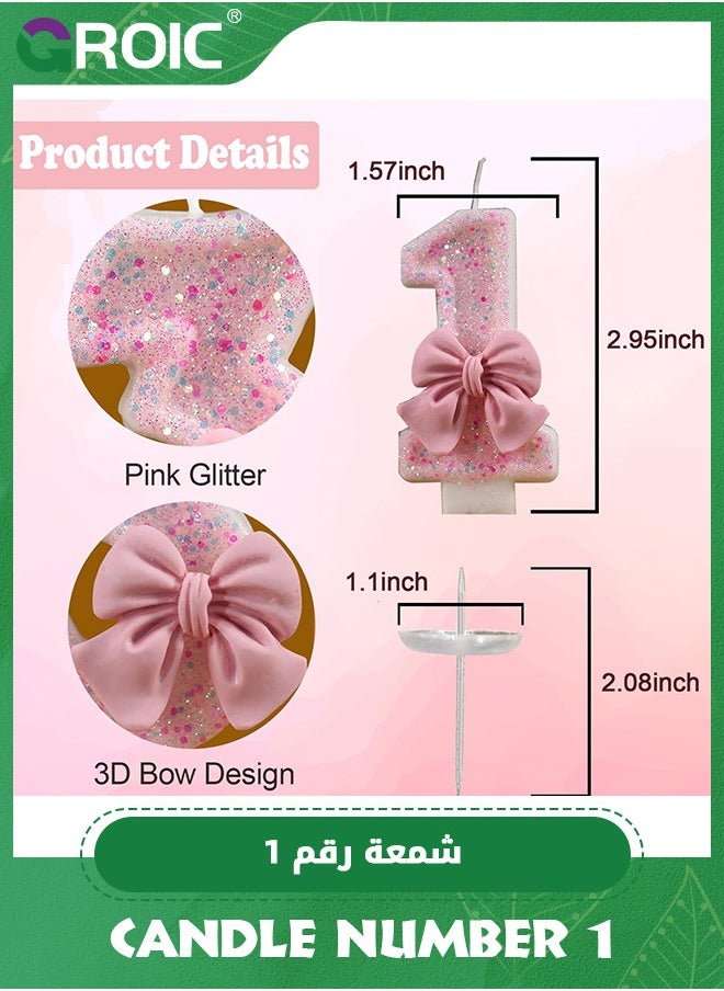 GROIC - Number Birthday Candle, 3D Bow Designed Glitter Pink Number Candles for Kids ​Birthday Party Pink Theme Decorations, Candle Number for Wedding Anniversary Party Supplies (Number 1) - Image 1