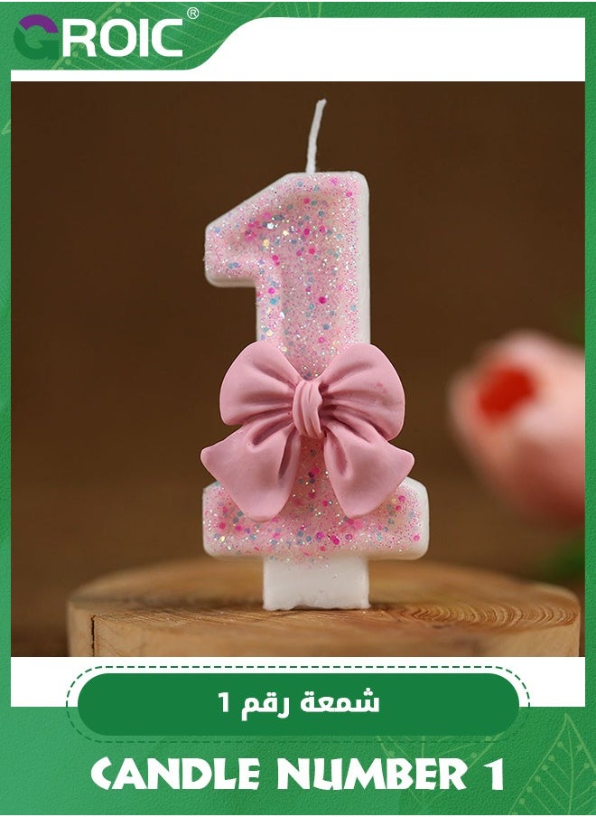 GROIC - Number Birthday Candle, 3D Bow Designed Glitter Pink Number Candles for Kids ​Birthday Party Pink Theme Decorations, Candle Number for Wedding Anniversary Party Supplies (Number 1) - Image 1