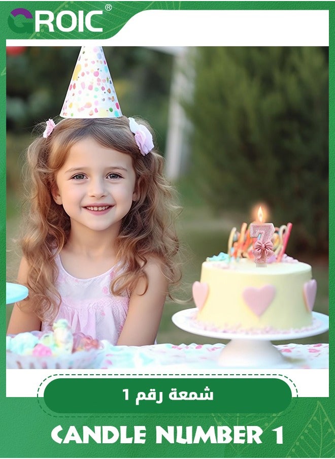GROIC - Number Birthday Candle, 3D Bow Designed Glitter Pink Number Candles for Kids ​Birthday Party Pink Theme Decorations, Candle Number for Wedding Anniversary Party Supplies (Number 1) - Image 1