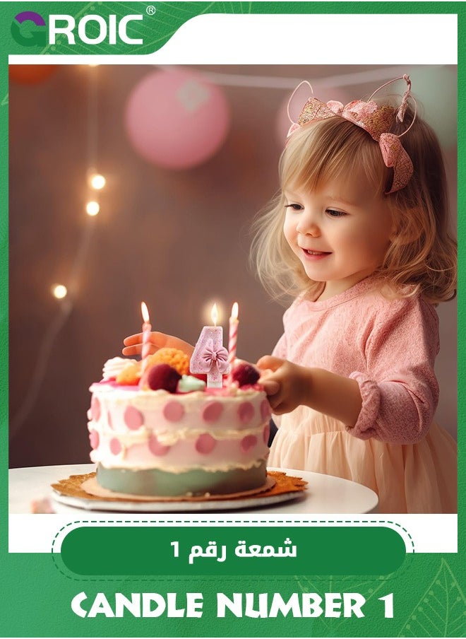 GROIC - Number Birthday Candle, 3D Bow Designed Glitter Pink Number Candles for Kids ​Birthday Party Pink Theme Decorations, Candle Number for Wedding Anniversary Party Supplies (Number 1) - Image 1
