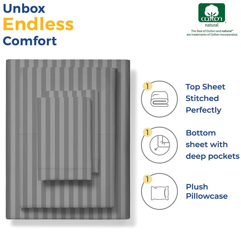 THREAD SPREAD انتشار الخيط مخطط مصري أوراق القطن التوأم XL الحجم - 600 Thread Count 3 PC Damask Twin XL Sheets جيوب عميقة Sateen Comele - Image 3