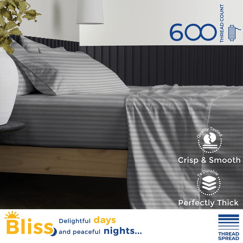 THREAD SPREAD انتشار الخيط مخطط مصري أوراق القطن التوأم XL الحجم - 600 Thread Count 3 PC Damask Twin XL Sheets جيوب عميقة Sateen Comele - Image 2