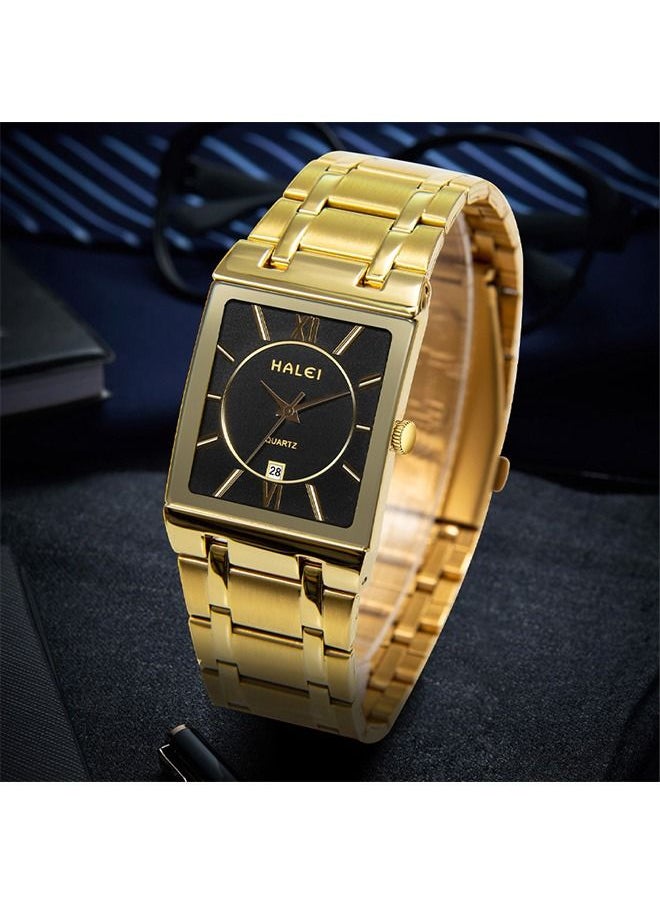 HALEI - HALEI Luxury 2-Piece Square Couple Watches Gold Stainless Steel Quartz Calendar Wristwatch Rhinestone His and Her Watch Set - Image 1