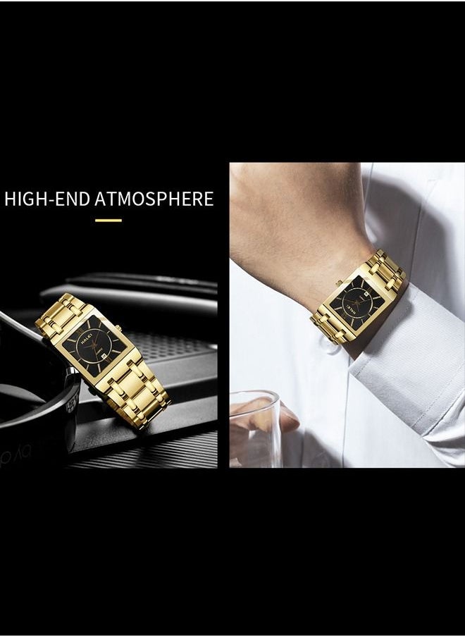 HALEI - HALEI Luxury 2-Piece Square Couple Watches Gold Stainless Steel Quartz Calendar Wristwatch Rhinestone His and Her Watch Set - Image 1