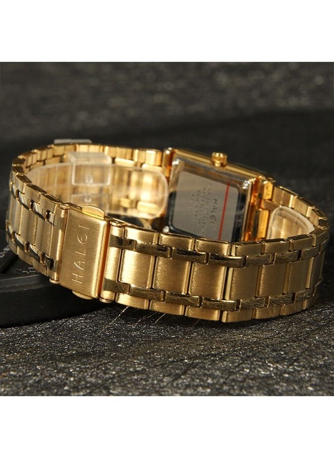 HALEI - HALEI Luxury 2-Piece Square Couple Watches Gold Stainless Steel Quartz Calendar Wristwatch Rhinestone His and Her Watch Set - Image 1