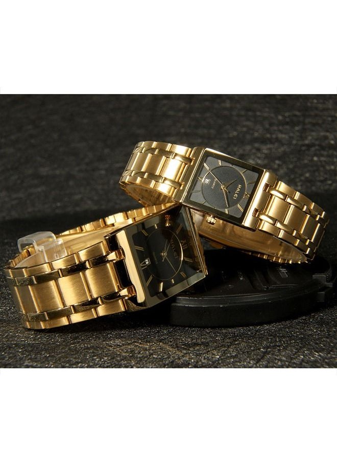HALEI - HALEI Luxury 2-Piece Square Couple Watches Gold Stainless Steel Quartz Calendar Wristwatch Rhinestone His and Her Watch Set - Image 1