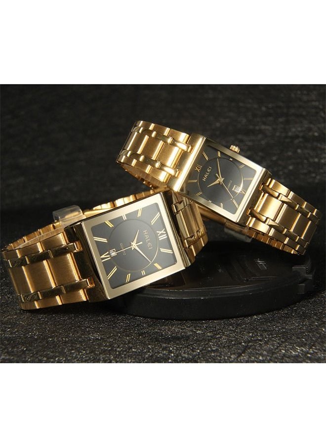 HALEI - HALEI Luxury 2-Piece Square Couple Watches Gold Stainless Steel Quartz Calendar Wristwatch Rhinestone His and Her Watch Set - Image 1