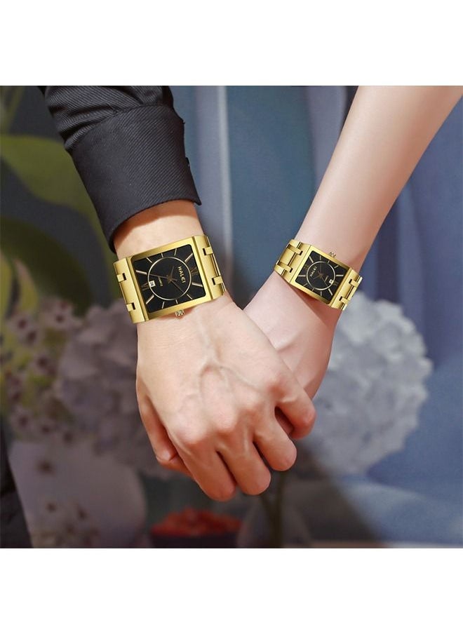 HALEI - HALEI Luxury 2-Piece Square Couple Watches Gold Stainless Steel Quartz Calendar Wristwatch Rhinestone His and Her Watch Set - Image 1