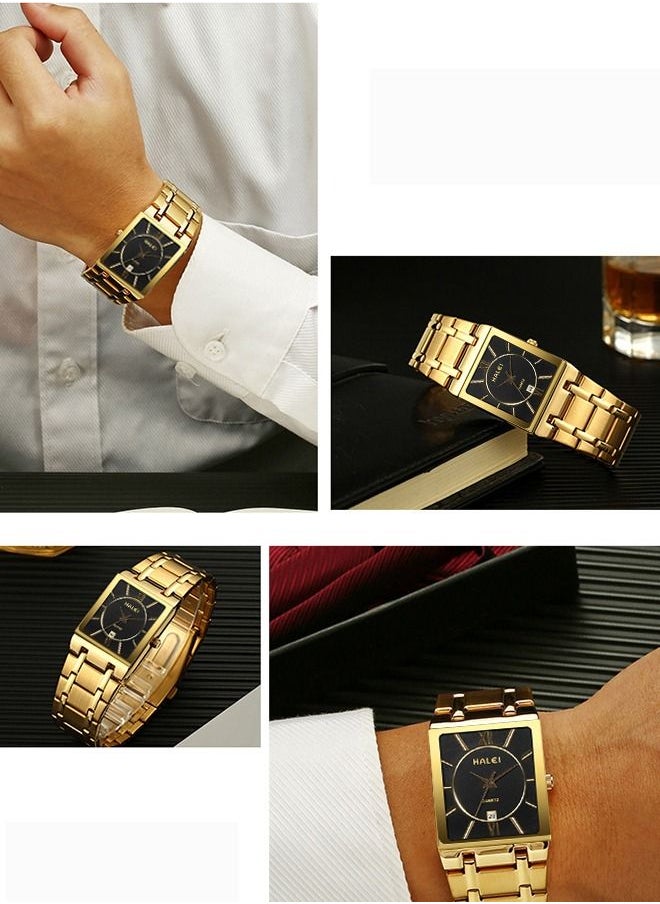 HALEI - HALEI Luxury 2-Piece Square Couple Watches Gold Stainless Steel Quartz Calendar Wristwatch Rhinestone His and Her Watch Set - Image 1