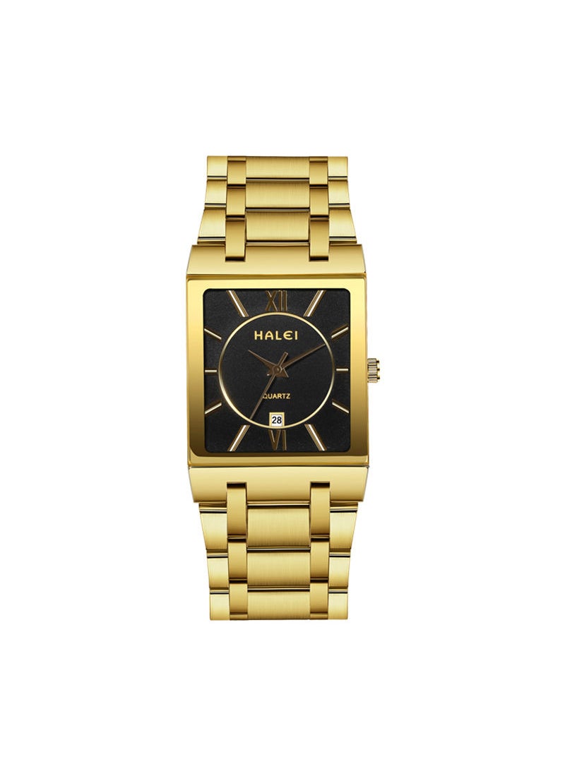 HALEI - HALEI Luxury 2-Piece Square Couple Watches Gold Stainless Steel Quartz Calendar Wristwatch Rhinestone His and Her Watch Set - Image 1